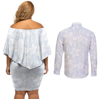 Plumeria Floral White Sunday Couples Matching Off Shoulder Short Dress and Long Sleeve Button Shirt