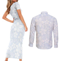 Plumeria Floral White Sunday Couples Matching Short Sleeve Bodycon Dress and Long Sleeve Button Shirt