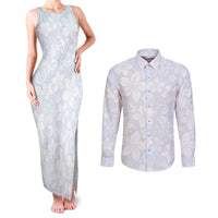 Plumeria Floral White Sunday Couples Matching Tank Maxi Dress and Long Sleeve Button Shirt