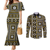 Fiji Masi Tapa Pattern Yellow Couples Matching Mermaid Dress and Long Sleeve Button Shirt - Polynesian Pride
