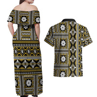 Fiji Masi Tapa Pattern Yellow Couples Matching Off Shoulder Maxi Dress and Hawaiian Shirt - Polynesian Pride