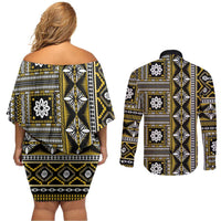 Fiji Masi Tapa Pattern Yellow Couples Matching Off Shoulder Short Dress and Long Sleeve Button Shirt - Polynesian Pride