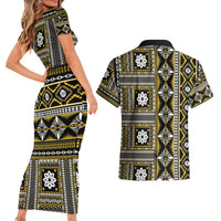 Fiji Masi Tapa Pattern Yellow Couples Matching Short Sleeve Bodycon Dress and Hawaiian Shirt - Polynesian Pride