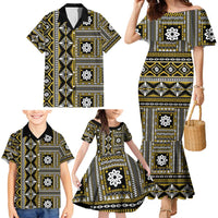 Fiji Masi Tapa Pattern Yellow Family Matching Mermaid Dress and Hawaiian Shirt - Polynesian Pride