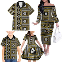 Fiji Masi Tapa Pattern Yellow Family Matching Off The Shoulder Long Sleeve Dress and Hawaiian Shirt - Polynesian Pride