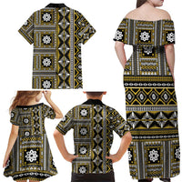 Fiji Masi Tapa Pattern Yellow Family Matching Off Shoulder Maxi Dress and Hawaiian Shirt - Polynesian Pride