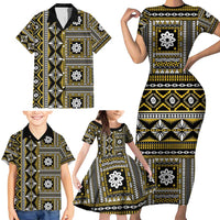 Fiji Masi Tapa Pattern Yellow Family Matching Short Sleeve Bodycon Dress and Hawaiian Shirt - Polynesian Pride