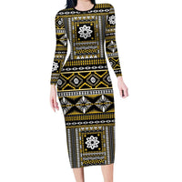 Fiji Masi Tapa Pattern Yellow Long Sleeve Bodycon Dress - Polynesian Pride