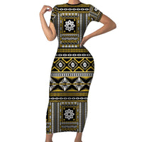 Fiji Masi Tapa Pattern Yellow Short Sleeve Bodycon Dress - Polynesian Pride