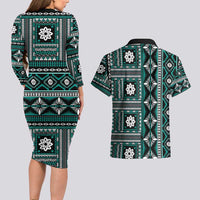 Fiji Masi Tapa Pattern Teal Couples Matching Long Sleeve Bodycon Dress and Hawaiian Shirt - Polynesian Pride