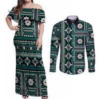 Fiji Masi Tapa Pattern Teal Couples Matching Off Shoulder Maxi Dress and Long Sleeve Button Shirt - Polynesian Pride