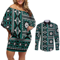 Fiji Masi Tapa Pattern Teal Couples Matching Off Shoulder Short Dress and Long Sleeve Button Shirt - Polynesian Pride