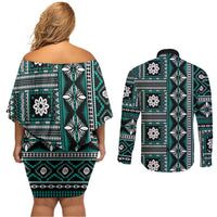 Fiji Masi Tapa Pattern Teal Couples Matching Off Shoulder Short Dress and Long Sleeve Button Shirt - Polynesian Pride