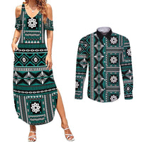 Fiji Masi Tapa Pattern Teal Couples Matching Summer Maxi Dress and Long Sleeve Button Shirt - Polynesian Pride