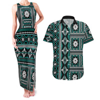 Fiji Masi Tapa Pattern Teal Couples Matching Tank Maxi Dress and Hawaiian Shirt - Polynesian Pride