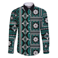 Fiji Masi Tapa Pattern Teal Family Matching Off The Shoulder Long Sleeve Dress and Hawaiian Shirt - Polynesian Pride