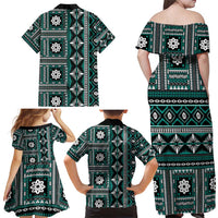 Fiji Masi Tapa Pattern Teal Family Matching Off Shoulder Maxi Dress and Hawaiian Shirt - Polynesian Pride