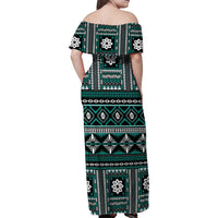 Fiji Masi Tapa Pattern Teal Family Matching Off Shoulder Maxi Dress and Hawaiian Shirt - Polynesian Pride