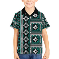 Fiji Masi Tapa Pattern Teal Family Matching Off Shoulder Maxi Dress and Hawaiian Shirt - Polynesian Pride