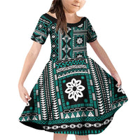 Fiji Masi Tapa Pattern Teal Family Matching Off Shoulder Short Dress and Hawaiian Shirt - Polynesian Pride