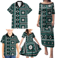 Fiji Masi Tapa Pattern Teal Family Matching Puletasi and Hawaiian Shirt - Polynesian Pride