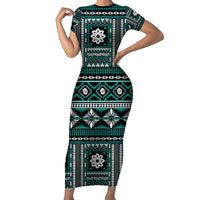 Fiji Masi Tapa Pattern Teal Family Matching Short Sleeve Bodycon Dress and Hawaiian Shirt - Polynesian Pride