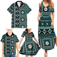 Fiji Masi Tapa Pattern Teal Family Matching Summer Maxi Dress and Hawaiian Shirt - Polynesian Pride