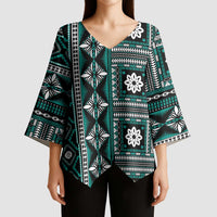 Fiji Masi Tapa Pattern Teal Kimono Sleeve Blouse - Polynesian Pride