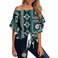 Fiji Masi Tapa Pattern Teal Off Shoulder Wrap Waist Top LT01 - Polynesian Pride