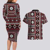 Fiji Masi Tapa Pattern Red Couples Matching Long Sleeve Bodycon Dress and Hawaiian Shirt - Polynesian Pride