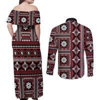 Fiji Masi Tapa Pattern Red Couples Matching Off Shoulder Maxi Dress and Long Sleeve Button Shirt - Polynesian Pride