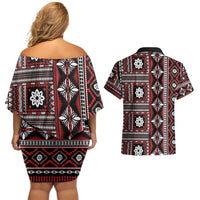 Fiji Masi Tapa Pattern Red Couples Matching Off Shoulder Short Dress and Hawaiian Shirt - Polynesian Pride