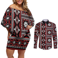 Fiji Masi Tapa Pattern Red Couples Matching Off Shoulder Short Dress and Long Sleeve Button Shirt - Polynesian Pride