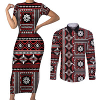 Fiji Masi Tapa Pattern Red Couples Matching Short Sleeve Bodycon Dress and Long Sleeve Button Shirt - Polynesian Pride