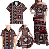 Fiji Masi Tapa Pattern Red Family Matching Off Shoulder Maxi Dress and Hawaiian Shirt - Polynesian Pride