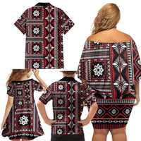Fiji Masi Tapa Pattern Red Family Matching Off Shoulder Short Dress and Hawaiian Shirt - Polynesian Pride