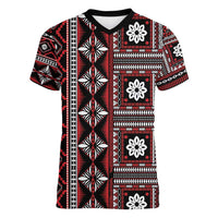 Fiji Masi Tapa Pattern Red Women V-Neck T-Shirt - Polynesian Pride