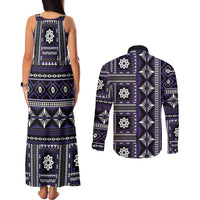 Fiji Masi Tapa Pattern Purple Couples Matching Tank Maxi Dress and Long Sleeve Button Shirt - Polynesian Pride
