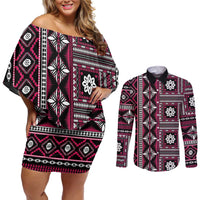 Fiji Masi Tapa Pattern Pink Couples Matching Off Shoulder Short Dress and Long Sleeve Button Shirt - Polynesian Pride