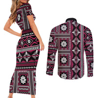 Fiji Masi Tapa Pattern Pink Couples Matching Short Sleeve Bodycon Dress and Long Sleeve Button Shirt - Polynesian Pride
