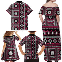 Fiji Masi Tapa Pattern Pink Family Matching Off Shoulder Maxi Dress and Hawaiian Shirt - Polynesian Pride
