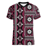 Fiji Masi Tapa Pattern Pink Women V-Neck T-Shirt - Polynesian Pride