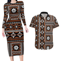 Fiji Masi Tapa Pattern Orange Couples Matching Long Sleeve Bodycon Dress and Hawaiian Shirt - Polynesian Pride