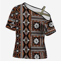 Fiji Masi Tapa Pattern Orange Cross Shoulder Shirt - Polynesian Pride