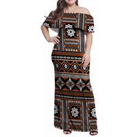 Fiji Masi Tapa Pattern Orange Family Matching Off Shoulder Maxi Dress and Hawaiian Shirt - Polynesian Pride