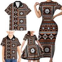 Fiji Masi Tapa Pattern Orange Family Matching Short Sleeve Bodycon Dress and Hawaiian Shirt - Polynesian Pride