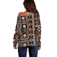 Fiji Masi Tapa Pattern Orange Off Shoulder Sweater - Polynesian Pride