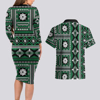Fiji Masi Tapa Pattern Green Couples Matching Long Sleeve Bodycon Dress and Hawaiian Shirt - Polynesian Pride
