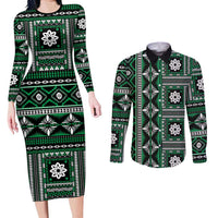 Fiji Masi Tapa Pattern Green Couples Matching Long Sleeve Bodycon Dress and Long Sleeve Button Shirt - Polynesian Pride