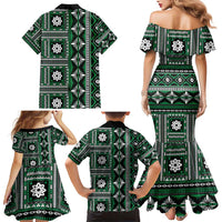 Fiji Masi Tapa Pattern Green Family Matching Mermaid Dress and Hawaiian Shirt - Polynesian Pride